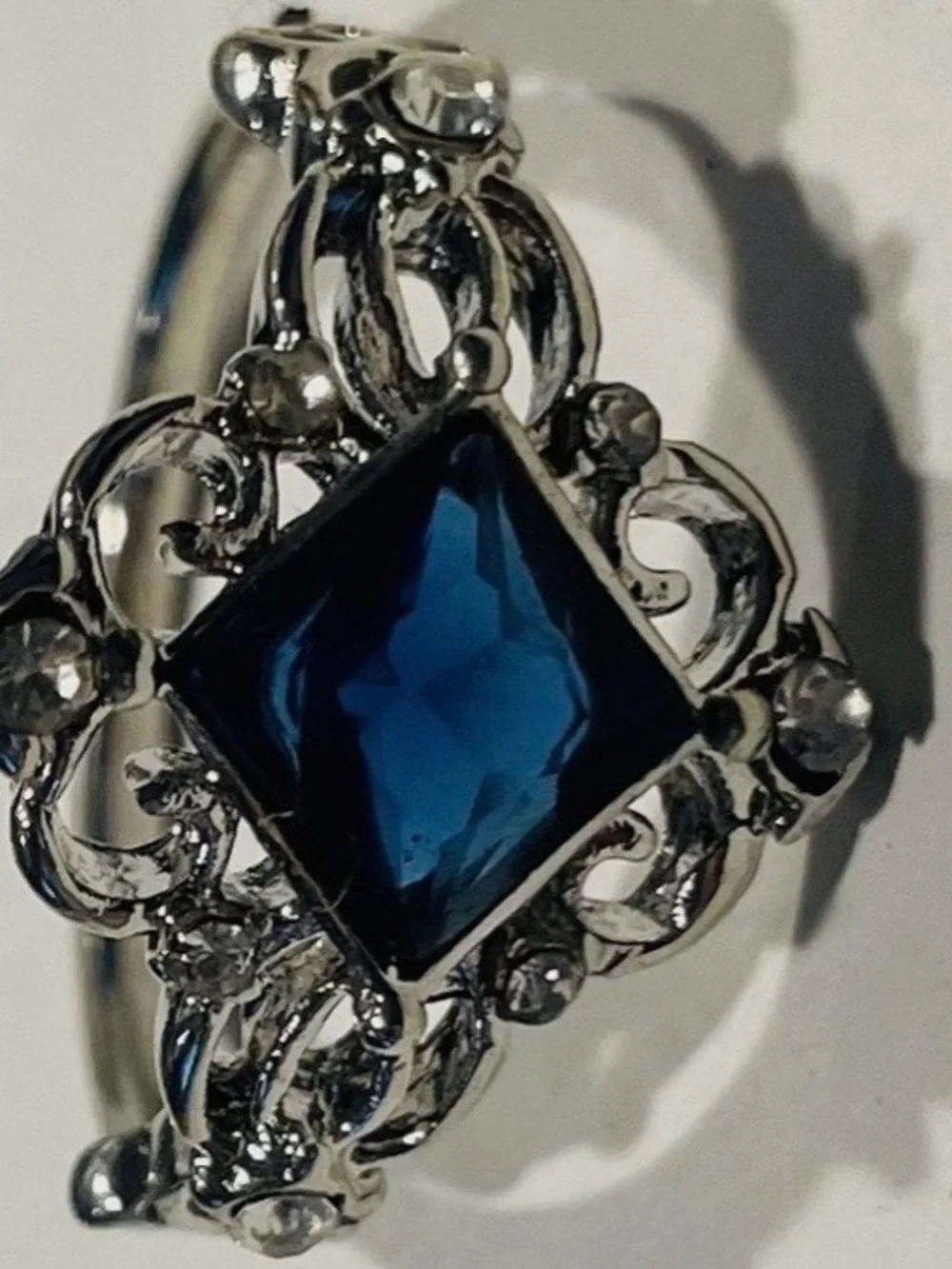 Vintage Filigree Silver Ring w/Blue Sapphire Crystal NWOT
